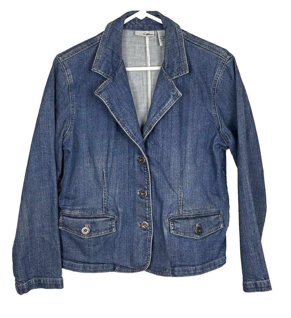 Chicos Platinum Denim Medium Wash Blue Cropped Long Sleeve Jacket Size 1(Medium)